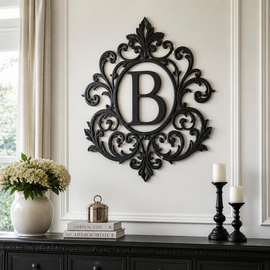 Baroque Monogram Metal Wall Art styled on a wall