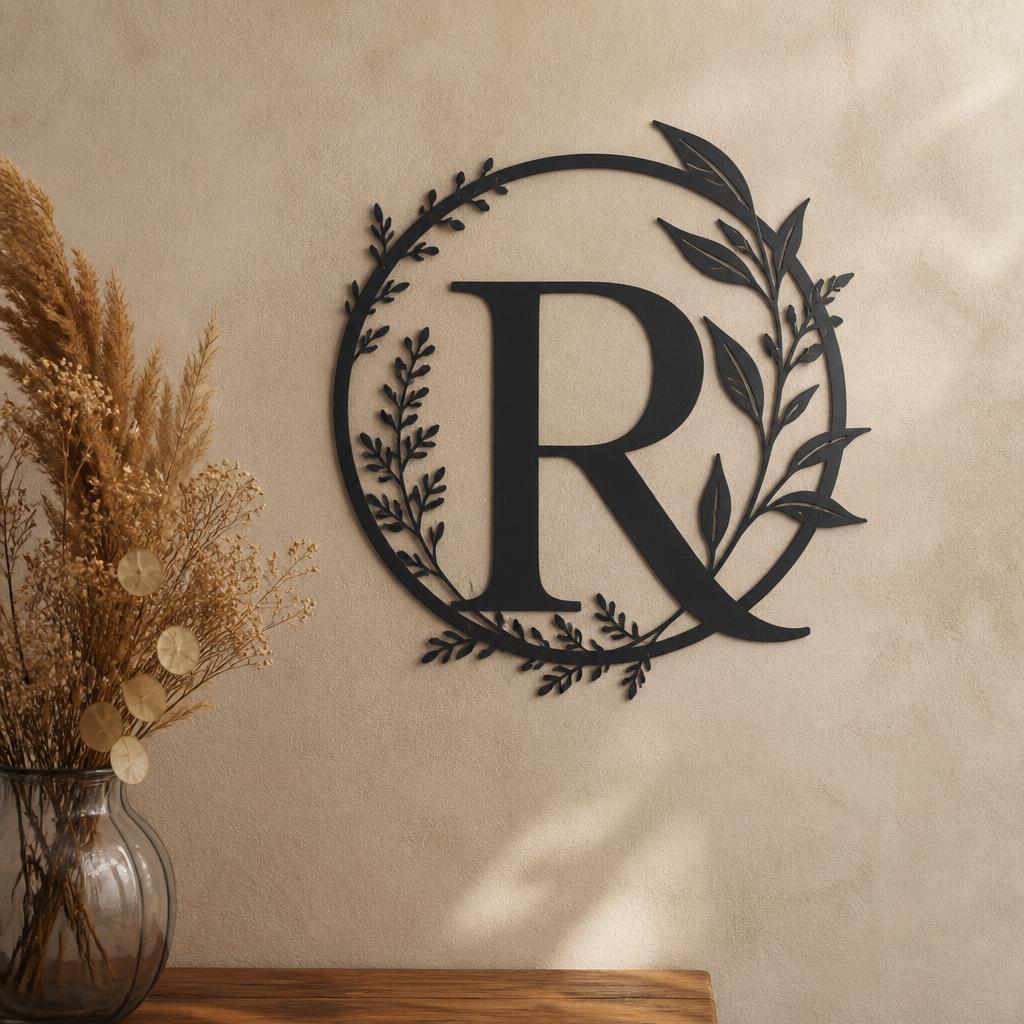 Botanical Monogram Metal Wall Art styled on a wall