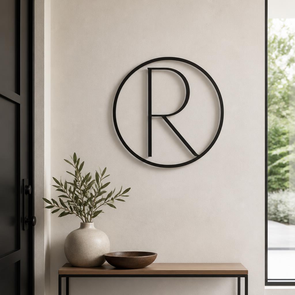 Elegant Monogram Metal Wall Art styled on a wall