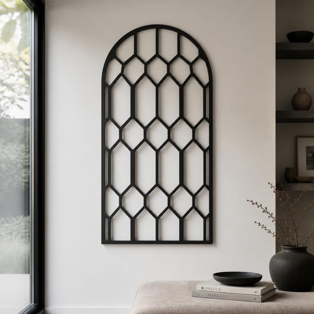 Geometric Arch Metal Panel styled on a wall