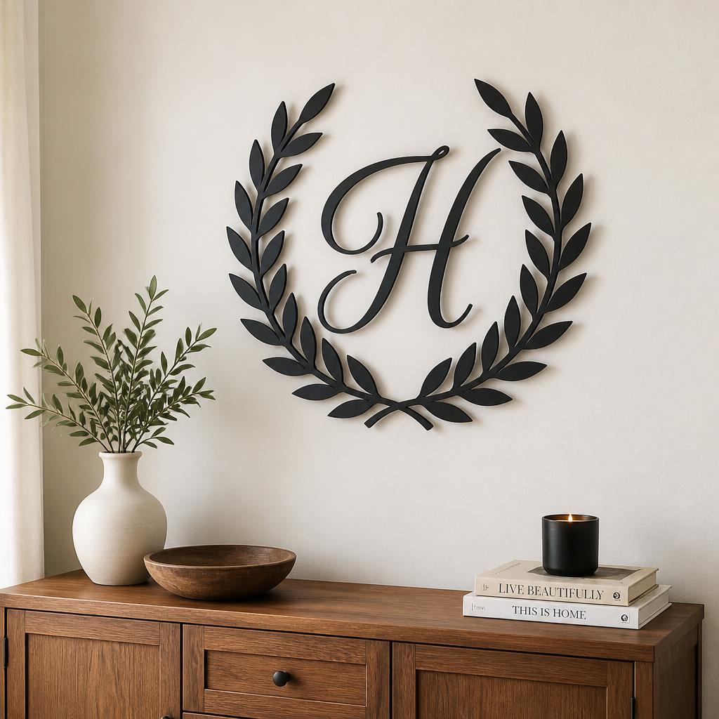 Laurel Monogram Metal Wall Art styled on a wall