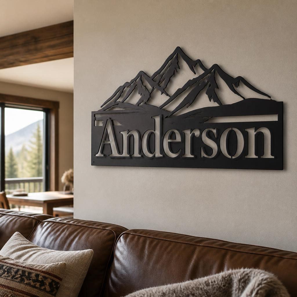 Mountain Family Crest Metal Art styled on a wall