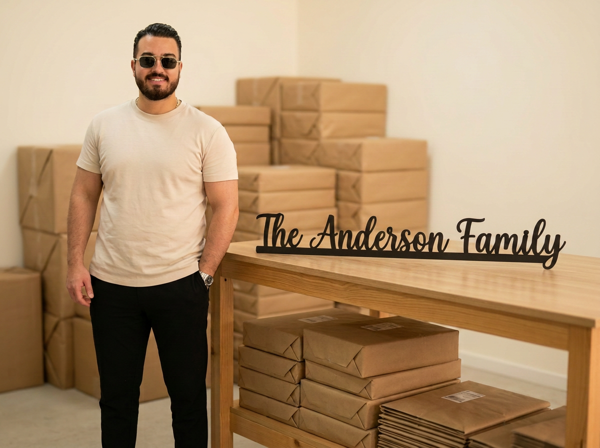 Eren next to packed Ander's Kraft orders wrapped in kraft paper, ready to ship