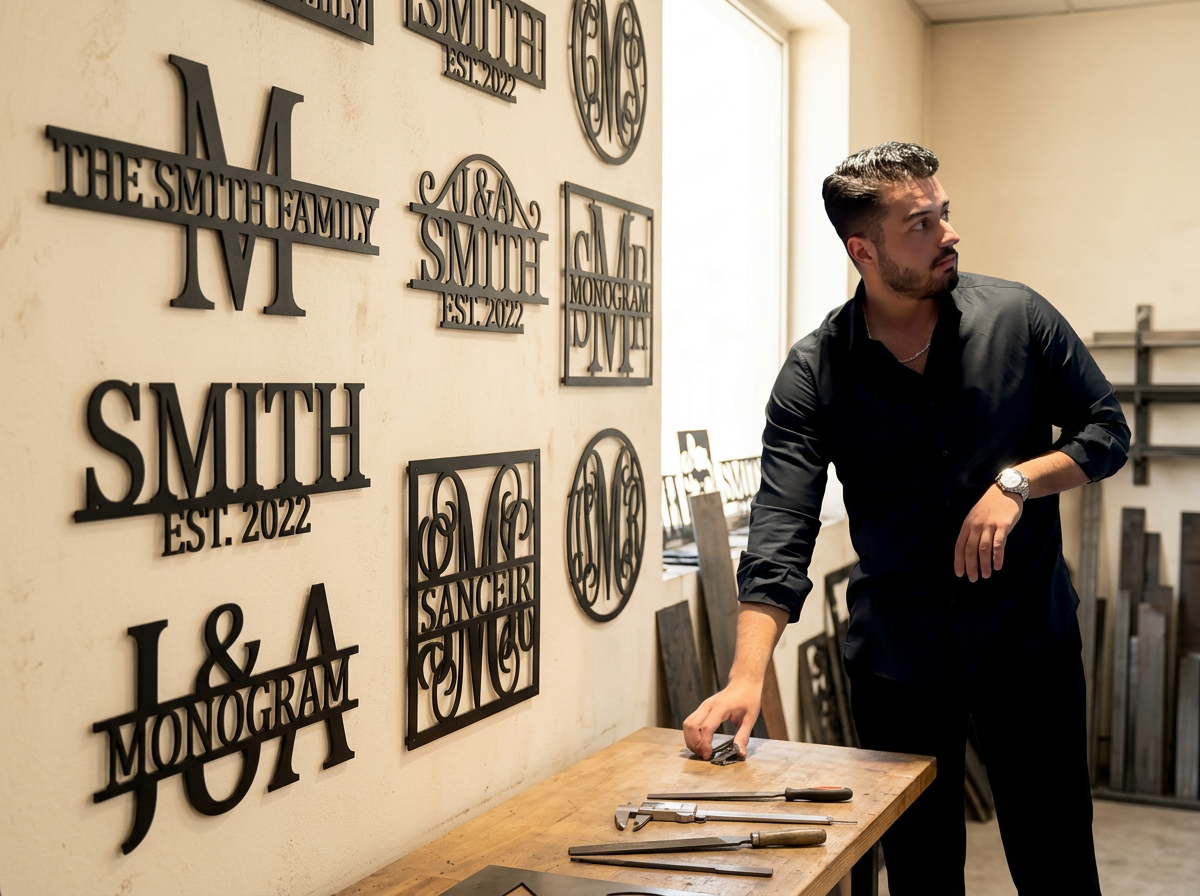 Eren, founder of Ander's Kraft, in the workshop with finished steel family name signs