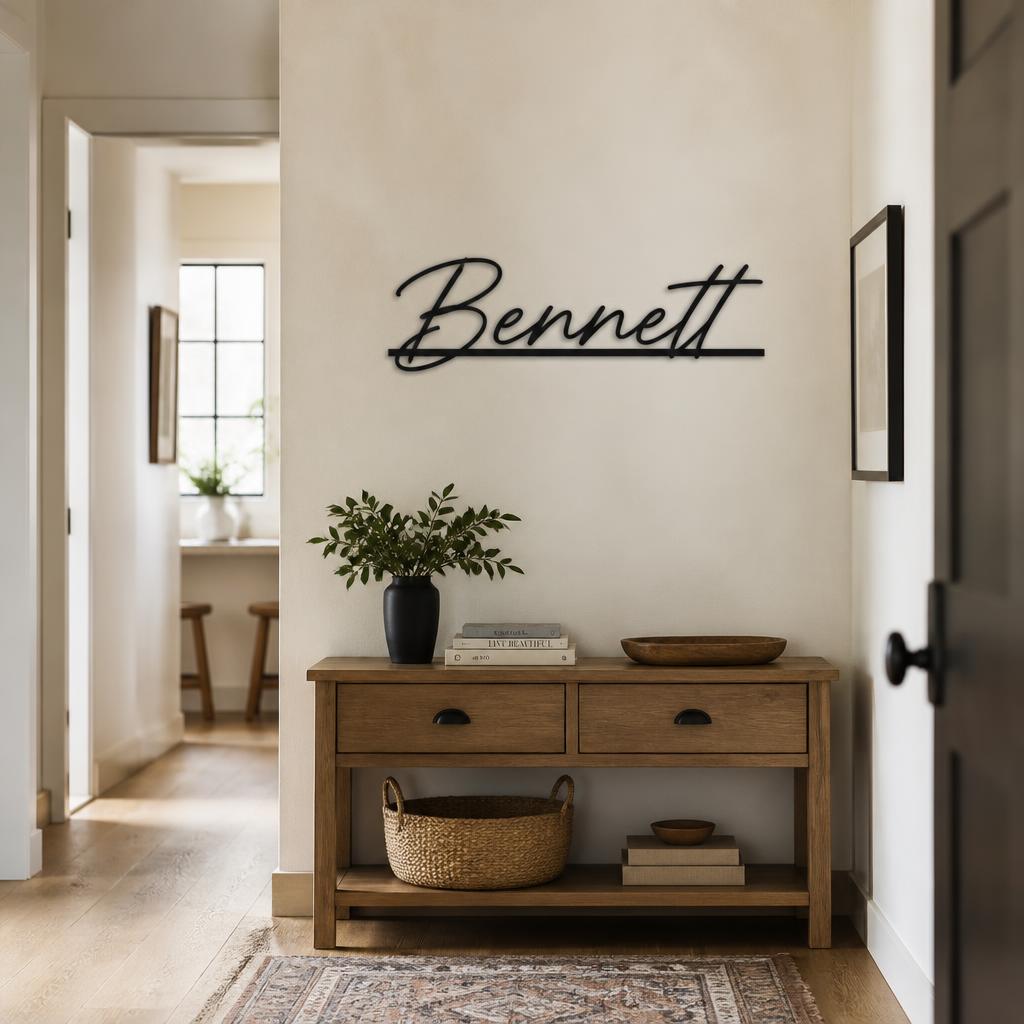 Script Family Name Metal Art styled on a wall