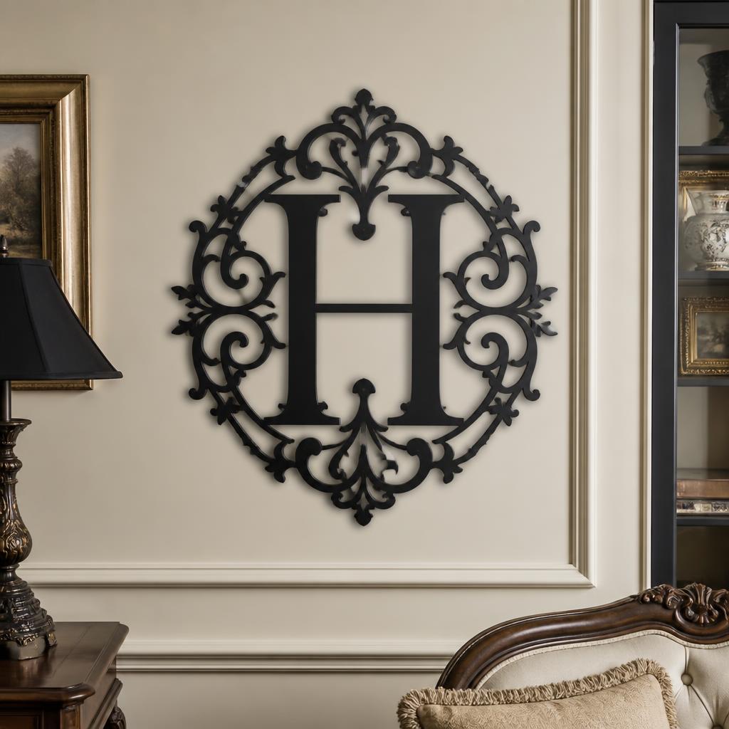 Victorian Monogram Metal Wall Art styled on a wall
